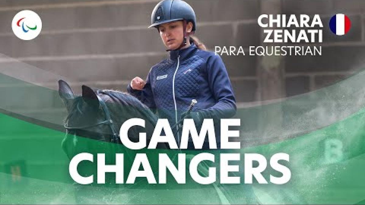 The thumbnail of a video about Para equestrian athlete Chiara Zenati. She is seen riding a horse.