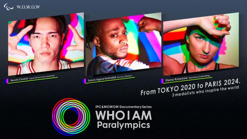 A black graphic with a logo of "WHO I AM Paralympics". It has photos of three athletes