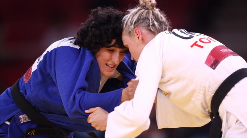 Judoka Khanim Huseynova of Azerbaijan faces Iryna Husieva of Ukraine