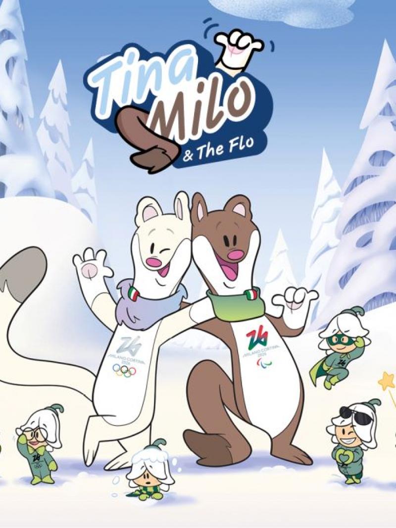 A graphic image of the Milano Cortina 2026 mascots. There are two mascots inspired by stroats posing in the snow.