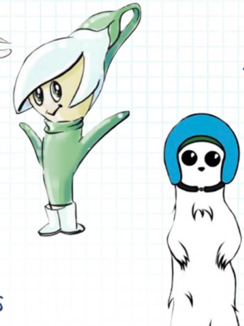 Two sets of mascot designs, one is a pair of flowers and the other is a pair of stoats